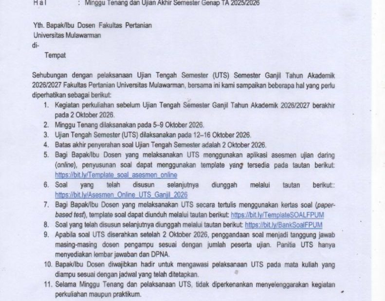 PEMBERITAHUAN MINGGU TENANG DAN UTS GANJIL TAHUN AJARAN 2026/2027