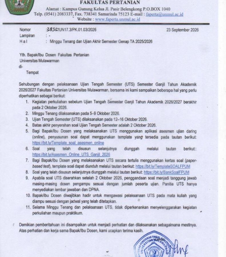 PEMBERITAHUAN MINGGU TENANG DAN UTS GANJIL TAHUN AJARAN 2026/2027