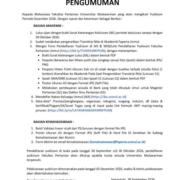 PENGUMUMAN YUDISIUM PERIODE DESEMBER 2026